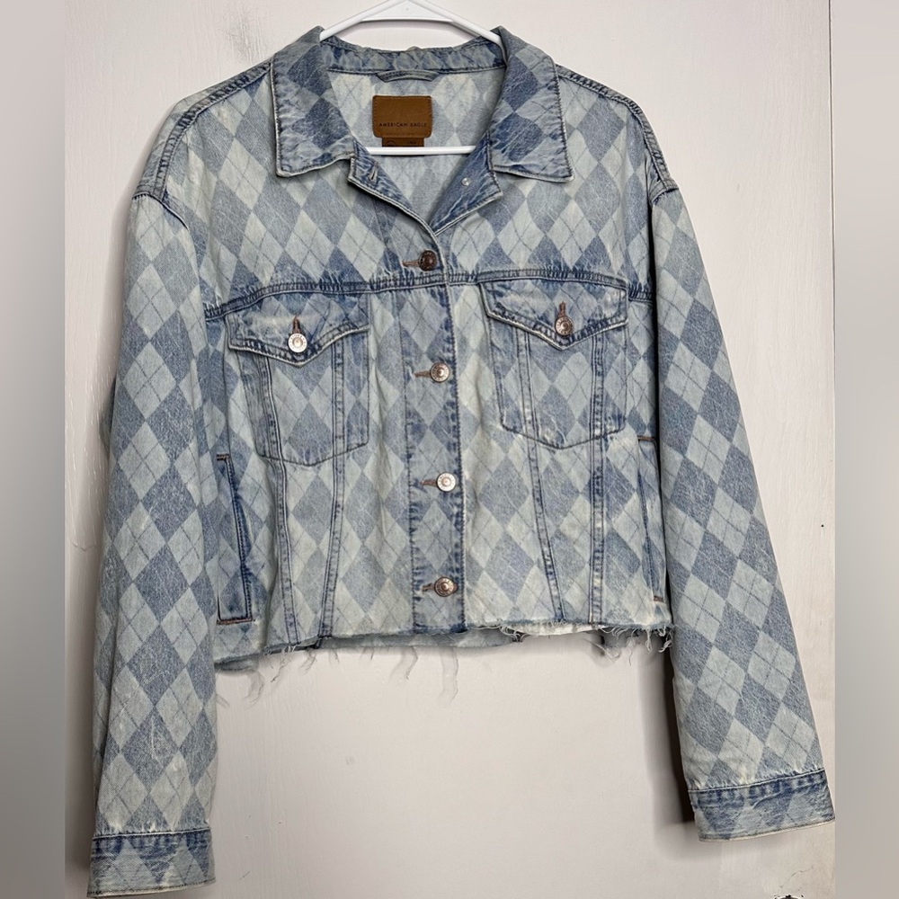 American Eagle Outfitters Light Blue Argyle Jean Jacket